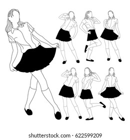 Collection of slim girls in skirts posing in various poses. Beautiful woman in a merry mood. Silhouette anime girl. 