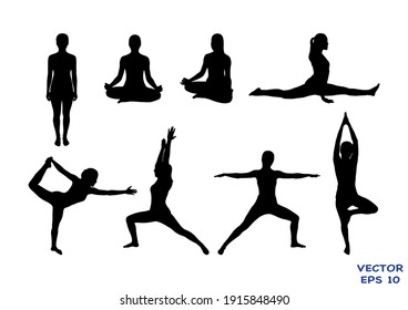 Collection of slim sportive young woman doing yoga streching fitness exercises. Healthy lifestyle. Isolated on white background. Vector illustrations EPS10