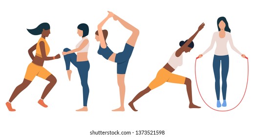 Collection of slim women training. Bundle of young multiethnic ladies stretching and exercising. Vector illustration of flat cartoon characters can be used for promo, gym, presentation