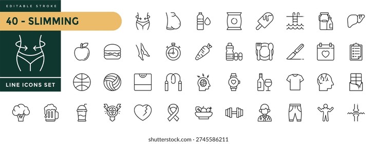 A collection of Slimming icons set with editable stroke, including nutrition, Diet, meal planning, body measurement, weight loss. Thin linear vector illustration.