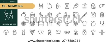 A collection of Slimming icons set with editable stroke, including nutrition, Diet, meal planning, body measurement, weight loss. Thin linear vector illustration.