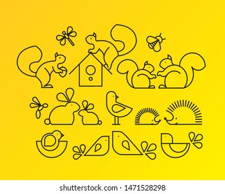 The collection of small animals line illustration. Set of vector icons of birds, rabbits, hedgehogs and squirrels.