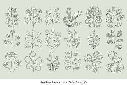 A collection of small, black and white abstract botanical drawings arranged in a structured grid pattern.