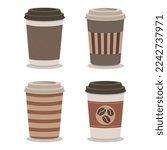 Collection of small brown coffee cups takeaway from flat paper coffee beans