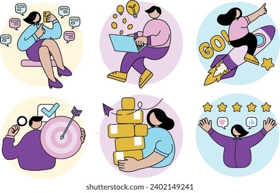 collection of small business or startup business vector illustration. social media, planning, launching, target market, delivery, review.