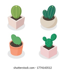 Collection of small cactus in isometric view. Set of tiny summer decoration plants for home, cafe or interior. concept. Trendy cute cartoon vector illustration. Flat style graphic design icon element.
