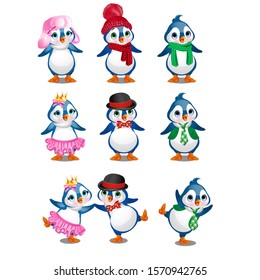 A collection of small, funny penguins dancing in formal attire isolated on a white background. Vector cartoon close-up illustration