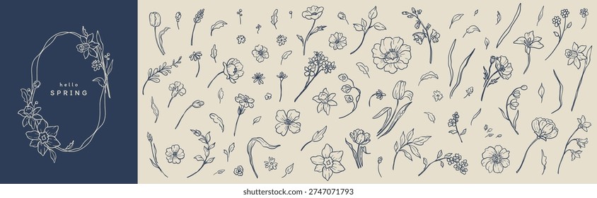 Collection of small hand drawn whimsical spring flowers, leaves and twigs. Trendy 
style illustrations. Vector elements for invitation, greeting card, poster, blog or web design, pattern, logo, print