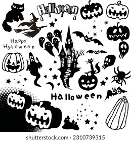 A collection of small illustrations like Halloween icons. monochrome. Cute and easy to use. A collection of text logos, cute pumpkins, castles, cute skeletons, big-tailed cats, cute-eyed bats, spid