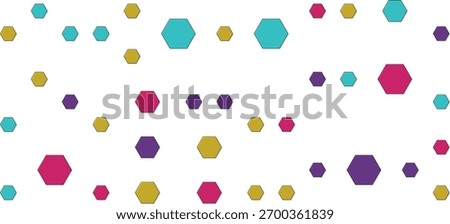 A collection of small, medium, and large hexagons in various bright colors like cyan, magenta, yellow, and purple are scattered across a clean white background.