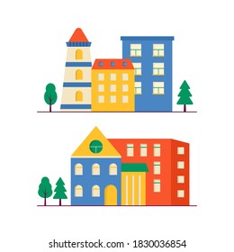 Collection of Small modern houses facade with window, garage, balcony and roof. Exterior of building apartment with trees. Vector cityscape illustration. simple background in geometric style