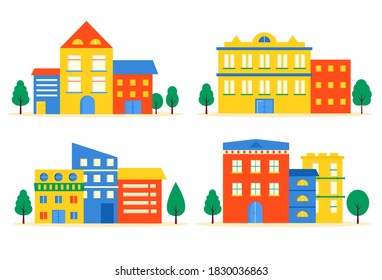 Colección de casas pequeñas y modernas fachada con ventana, garaje, balcón y techo. Exterior del edificio de apartamento con árboles. Ilustración del paisaje urbano vectorial. fondo simple en estilo geométrico