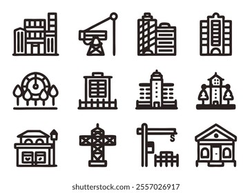 A collection of small, outlined icons representing various aspects of urban planning and city development, including buildings, infrastructure, 