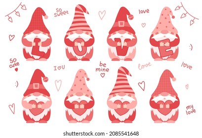 Collection of small paunchy gnomes in pink, red clothes and hats who hold hearts and letters LOVE in their hands. Cute little gnomes, cartoon characters. Color vector illustration in a flat style.