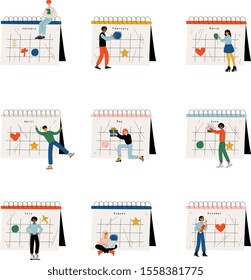 Collection of Small People Standing Near Big Calendar Planning and Scheduling Important Events, Time Management and Business Planning Comcept Vector Illustration