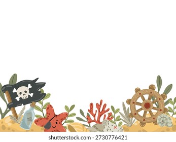 Sammlung kleiner vorgefertigter Piratenszenen mit Tintenfisch, Delfin, Krabbe und Schatztruhen. Dekorative Vignetten zum Erstellen von einzigartigen Layouts, Etiketten und Kinderabzügen.
