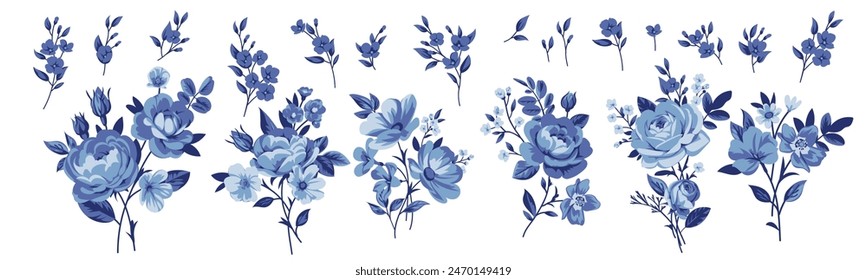 Collection of small pretty rose bouquets for design of greeting cards
