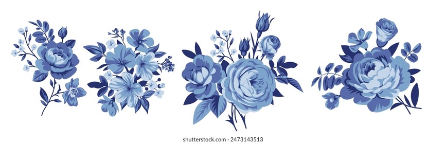 Collection of small pretty rose bouquets for design of greeting cards