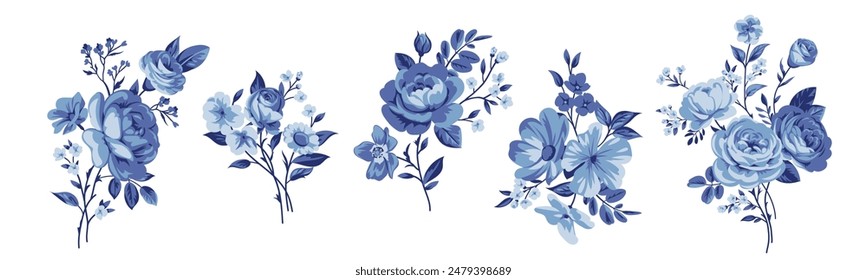 Collection of small pretty rose bouquets for design of greeting cards