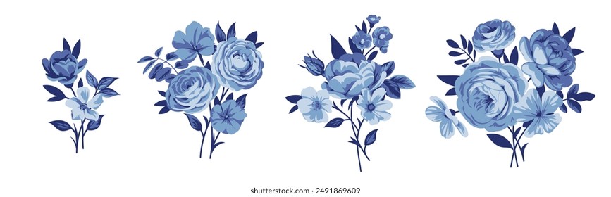 Collection of small pretty rose bouquets for design of greeting cards