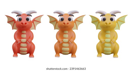 Colección con un pequeño dragón rojo, naranja y amarillo con alas sobre fondo blanco. Modelos para juego. Atributo y tótem chino. Ilustración vectorial en estilo 3D