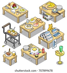 Collection of small tables for any pick-nick garden party, with cheese, soup, meat, beer, asparagus, sardines, chicken leg and cocktail (isometric items)