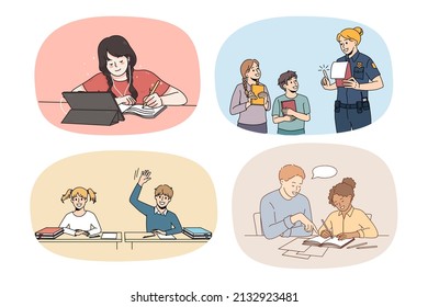 Collection of small teen kids study online at home on lockdown. Set of teenage children learning on gadgets on quarantine indoors. Remote education concept. Flat vector illustration. 