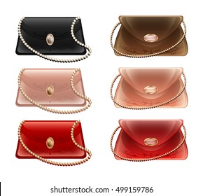 A collection of small theater handbags and purses in different colors
 Lady's beautiful lacquered handbag with small pearl chain
White, red and blue purse and handbag