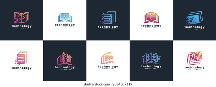 Collection of smart book technology logo design templates. technology book logo icon