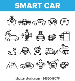 Collection Smart Car Elements Icons Set Vector Thin Line. Intelligence Control And Security, Network Navigation And Autopilot Smart Car Devices Linear Pictograms. Monochrome Contour Illustrations