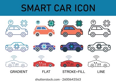 A collection of smart car icons featuring AI integration, wireless connectivity, and futuristic vehicle technology. Includes gradient, flat, stroke fill, and line styles for versatility.
