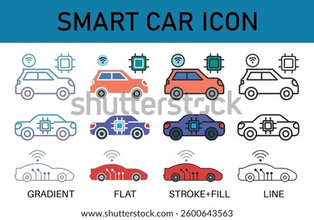 A collection of smart car icons featuring AI integration, wireless connectivity, and futuristic vehicle technology. Includes gradient, flat, stroke fill, and line styles for versatility.