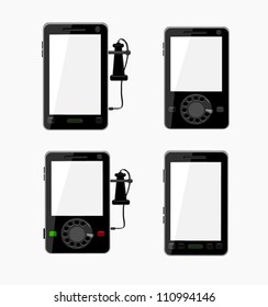 collection of smart cell phones including humorous ones with retro dial and earpiece