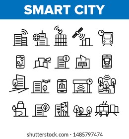 Collection Smart City Elements Icons Set Vector Thin Line. Intelligence Town Control And Security, Smart Navigation And Direction on Smartphone Linear Pictograms. Monochrome Contour Illustrations