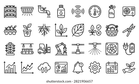 Collection of smart farming technology icons representing agriculture innovation and modern farming techniques