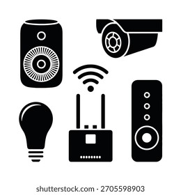 Una colección de dispositivos inteligentes para el hogar y sistemas de seguridad ilustrados en negro