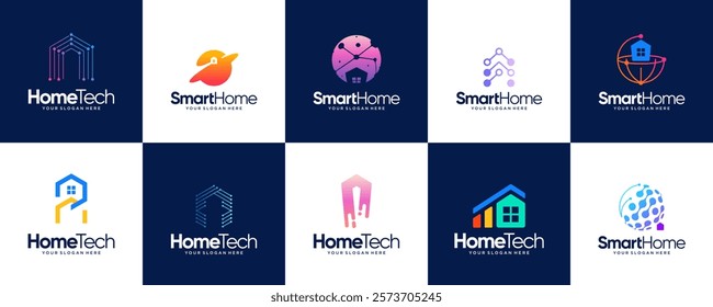 collection of smart home logos, with abstract style, network connection, security, design graphic illustration.
