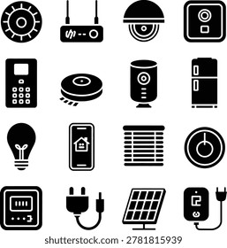 Collection of smart home and security technology icons featuring devices and gadgets for automation and connectivity