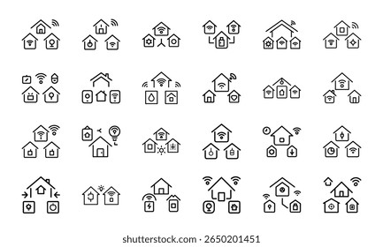 Collection of smart home technology and connected home icon outlines in minimalist style