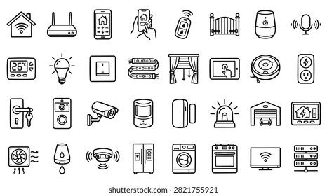 Collection of smart home technology icons in a vector illustration style, representing various devices and systems for modern living.