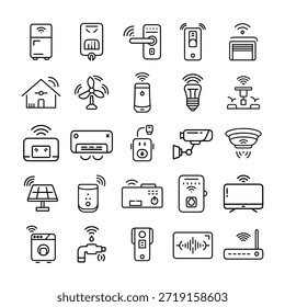 Coleção de ícones de linha de tecnologia de casa inteligente. Dispositivos conectados e sistemas de automação.