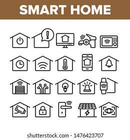 Collection Smart Home Thin Line Icons Set Vector. Control, Camera, Light Settings And Humidity Smart House Device Linear Pictograms. Automation Monitoring Concept Monochrome Contour Illustrations
