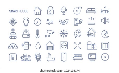 Collection of smart house linear icons - control of lighting, heating, air conditioning. Set of home automation and remote monitoring symbols drawn with thin contour lines. Vector illustration.