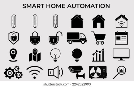 Kollektion von linearen Symbolen des intelligenten Hauses - Steuerung von Beleuchtung, Heizung, Klimaanlage. Set von Automatisierungs- und Fernüberwachungssymbolen, die mit dünnen Konturen gezeichnet werden. Symbol für Smarthome.