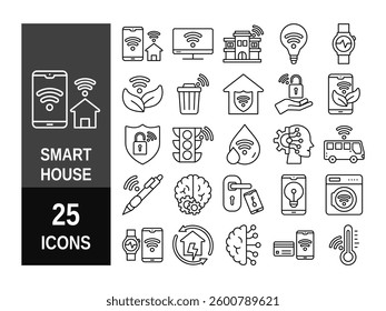 Collection of smart house linear icons - control of lighting, heating, air conditioning. Set of home automation and remote monitoring symbols drawn with thin contour lines. Vector illustration.