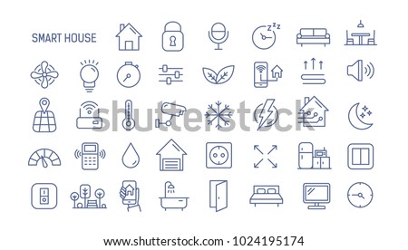 Collection of smart house linear icons - control of lighting, heating, air conditioning. Set of home automation and remote monitoring symbols drawn with thin contour lines. Vector illustration.