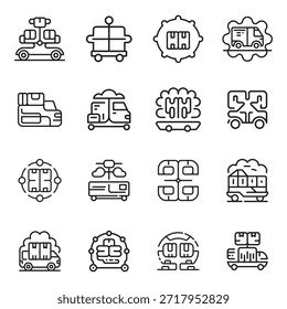 Eine Sammlung von intelligenten Logistiksymbolen, die verschiedene Transport- und Lieferelemente zeigen, einzeln auf sauberem, weißem Hintergrund präsentiert.