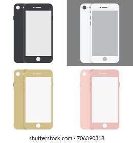 Collection of smart phone illustration in silver, black, gold and pink colors. Set of modern touch screen flat design phones in front and back view.