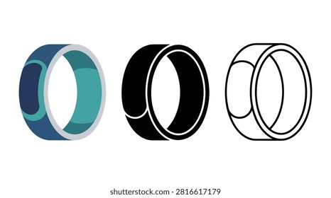Collection of smart ring icons in different styles: color, silhouette, and outline. Modern design for wearable tech and connectivity.