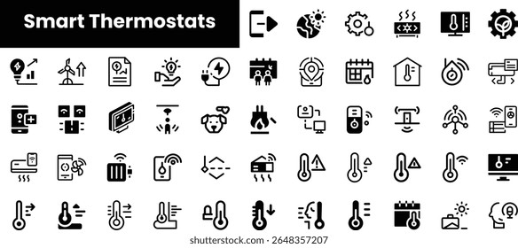 A collection of smart thermostat icons featuring various functionalities like temperature control, energy tracking, and remote access, showcasing modern home technology design.